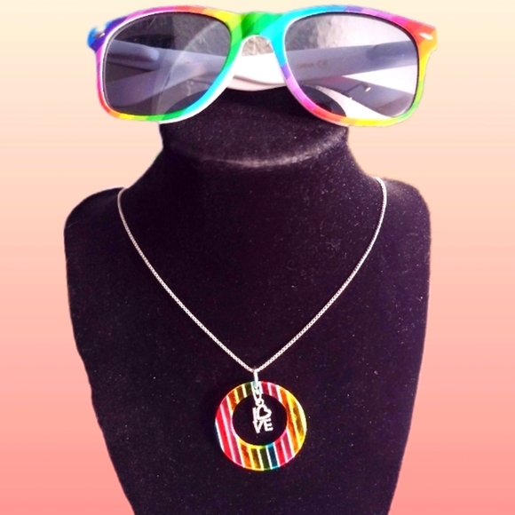 Vintage Handmade Rainbow Color Block Love Pride Silver Necklace Resin Pendant - Picture 1 of 10